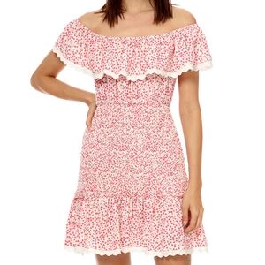 Womens Stellah S Smoked Mini Dress Cottegecore Off Shoulder Lace Trim Ruffles